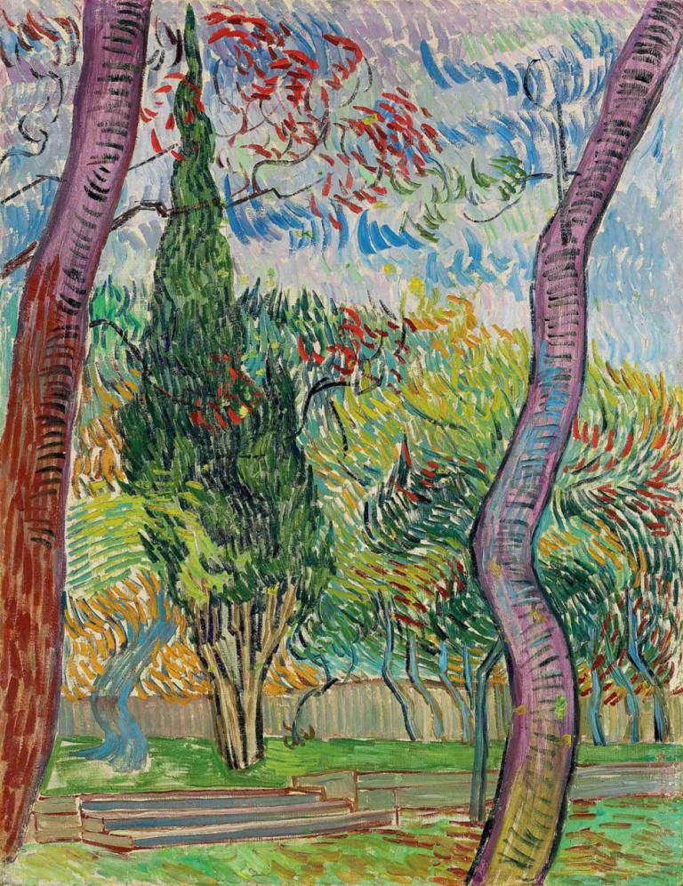 Parc de l'hôpital Saint-Paul,圣保罗医院公园,Vincent van Gogh,文森特-凡高,油画,油画, 树, 没有人类, 传统媒体, 户外, 丰富多彩的, 风景, 抽象的, 绘画（中）