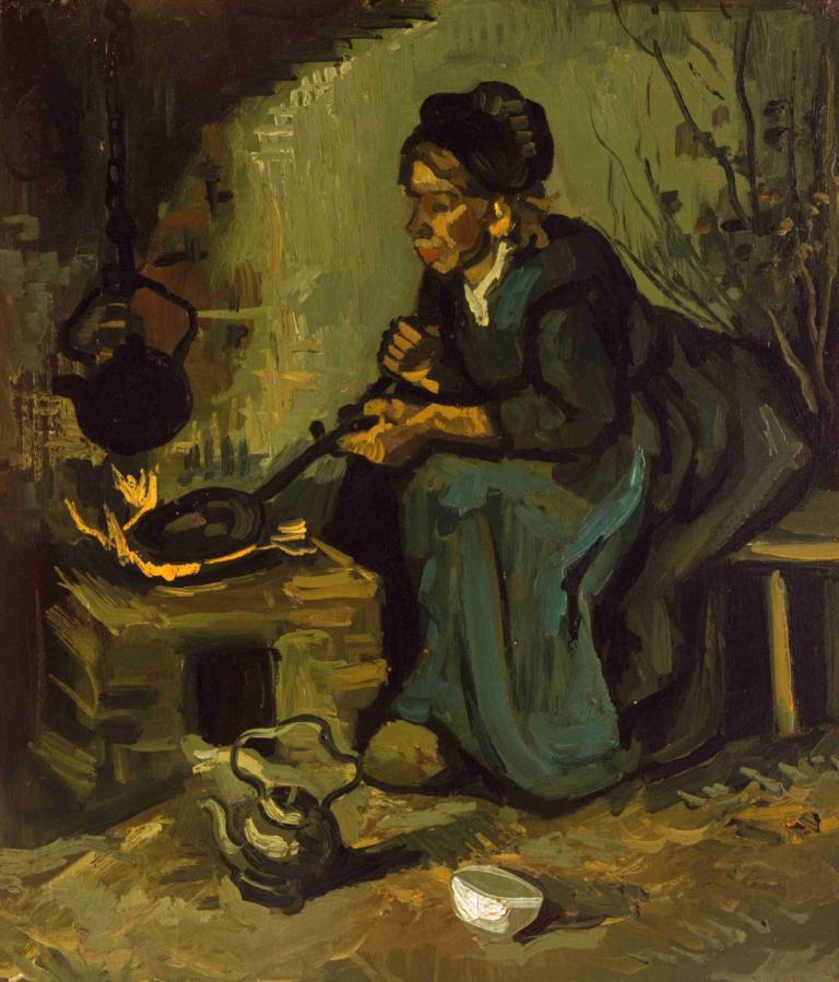 Peasant Woman Cooking by a Fireplace,벽난로 옆에서 요리하는 농부 여성,Vincent van Gogh,빈센트 반 고흐,오일 페인팅,오일 페인팅, 여자 1명, 독주