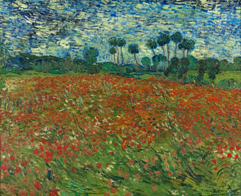 Poppy field,양귀비 밭,Vincent van Gogh,빈센트 반 고흐,오일 페인팅,오일 페인팅, 꽃, 필드, 옥외, 하늘, 구름, 인간은 없어, 경치, 꽃밭, 낮, 전통 미디어, 나무