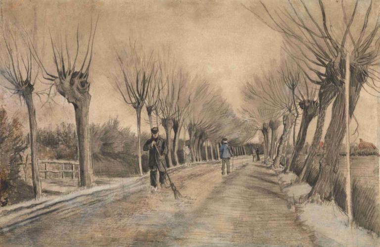 Road in Etten,에텐의 도로,Vincent van Gogh,빈센트 반 고흐,동판 에칭,동판 에칭, 나무, 1남, 전통 미디어, 여자 1명, 옥외, 도로, 경치, 벌거벗은 나무, 모자, 비