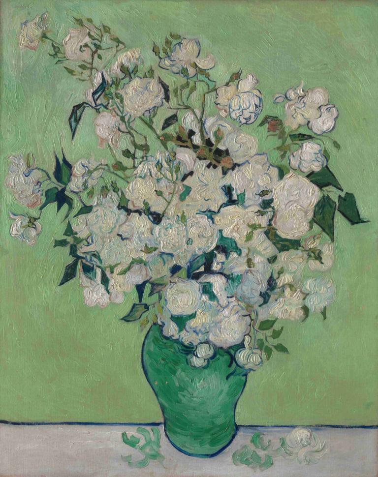 Roses,장미,Vincent van Gogh,빈센트 반 고흐,오일 페인팅,오일 페인팅, 꽃, 흰 꽃, 식물, 여자 1명, 잎, 독주, 녹색 테마, 흑발, 화분