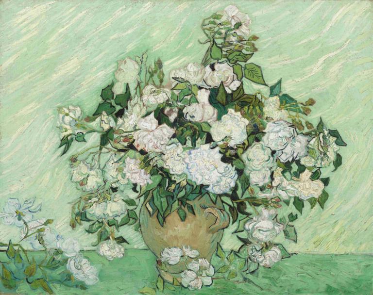 Roses,Trandafiri,Vincent van Gogh,Pictura in ulei,Pictura in ulei, floare, floare albă, nici oameni, frunze