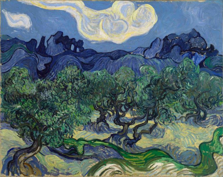 The Olive Trees,橄榄树,Vincent van Gogh,文森特-凡高,油画,油画, 没有人类, 树, 风景, 山, 云, 户外, 天空, 传统媒体, 自然, 绘画（中）, 景观, 森林