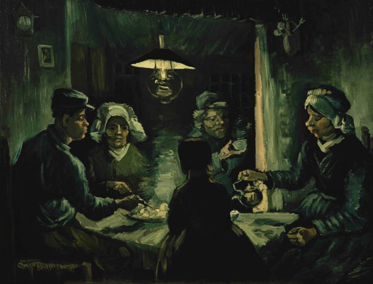 The Potato Eaters,吃土豆的人,Vincent van Gogh,文森特-凡高,油画,油画, 多个男孩, 帽子, 黑暗的, 美术模仿, 桌子, 椅子, 坐着, 老的, 在室内, 保持, 杯子, 老人