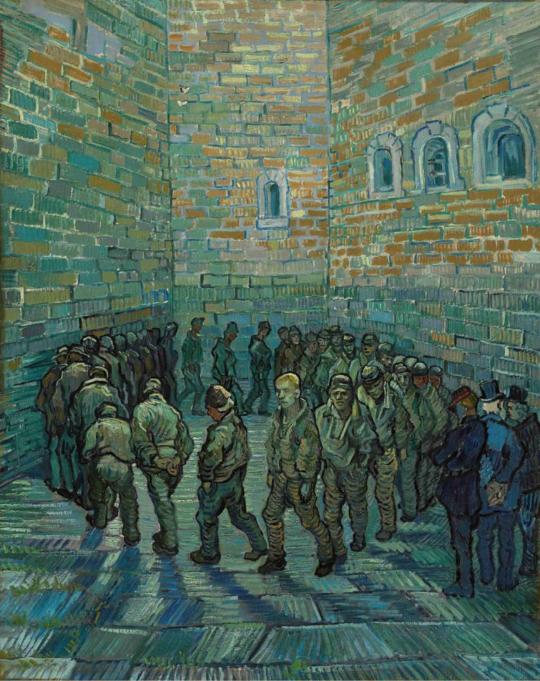 The Prison Courtyard,监狱庭院,Vincent van Gogh,文森特-凡高,油画,油画, 6+男孩, 制服, 多个男孩, 军队, 步行, 军装, 传统媒体, 建筑, 金头发, 帽子