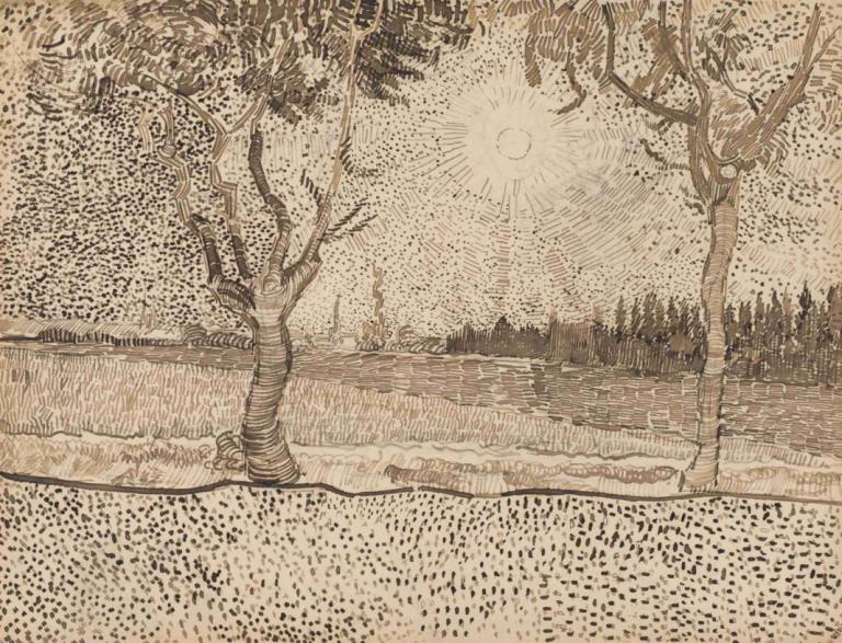 The Road to Tarascon,通往塔拉斯康之路,Vincent van Gogh,文森特-凡高,铜版画,铜版画, 树, 太阳, 单色, 没有人类, 风景, 户外, 传统媒体, 棕色主题, 水