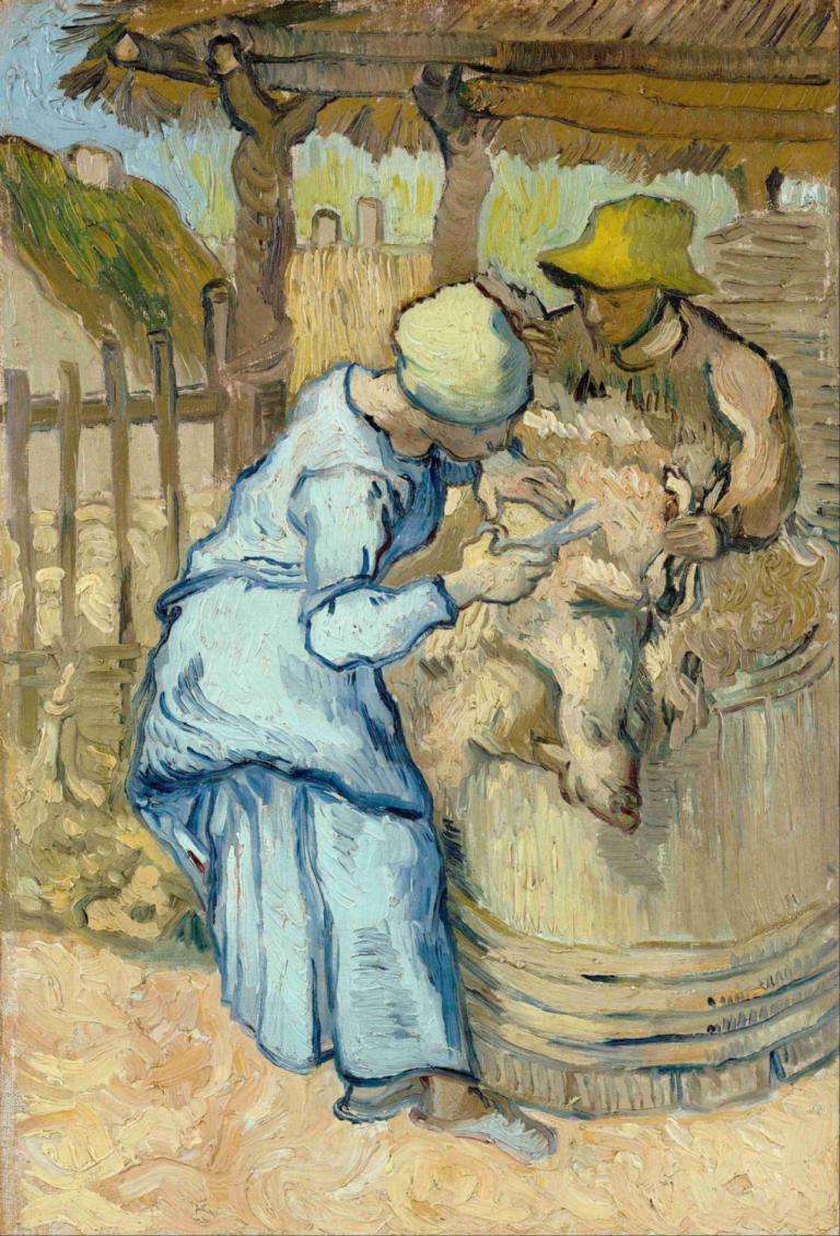 The Sheep-Shearer [After Millet],剪羊毛的人［黍米之后］,Vincent van Gogh,文森特-凡高,油画,油画, 帽子, 多个男孩, 男性焦点, 坐着, 栅栏, 2个男孩