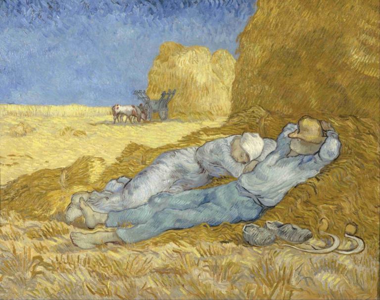 The Siesta [After Millet],午睡[米莱之后］,Vincent van Gogh,文森特-凡高,油画,油画, 户外, 说谎, 老鼠, 传统媒体, 男性焦点, 多个男孩, 天, 动物, 裤子, 树