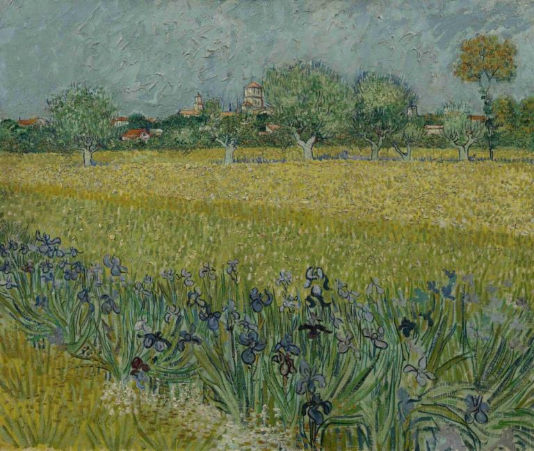 View of Arles with Irises,阿尔勒鸢尾花景观,Vincent van Gogh,文森特-凡高,油画,油画, 花, 树, 户外, 风景, 场地, 传统媒体, 草, 房子, 天空