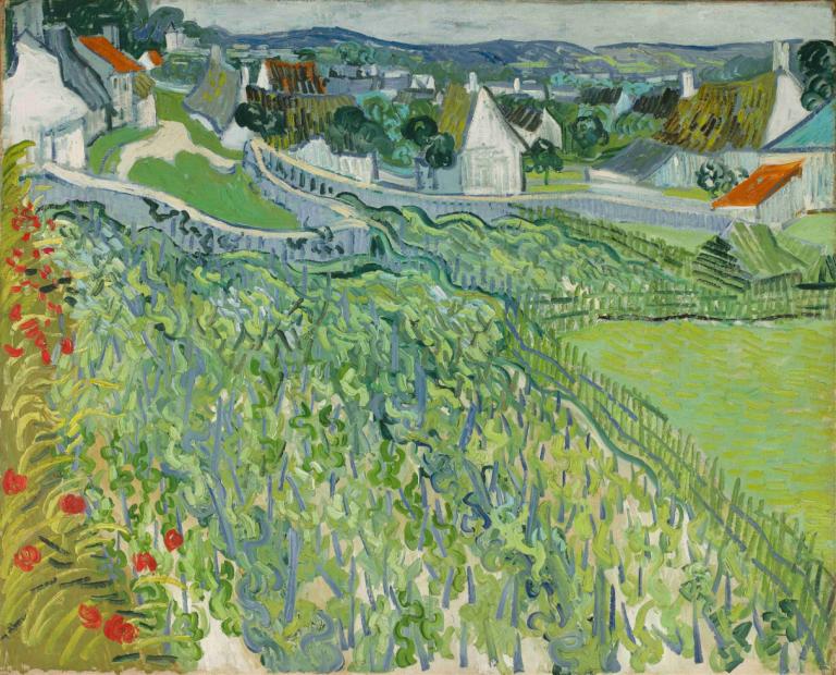 Vineyards at Auvers,奥维尔葡萄园,Vincent van Gogh,文森特-凡高,油画,油画, 风景, 户外, 传统媒体, 树, 花, 草, 没有人类, 建筑, 植物, 自然