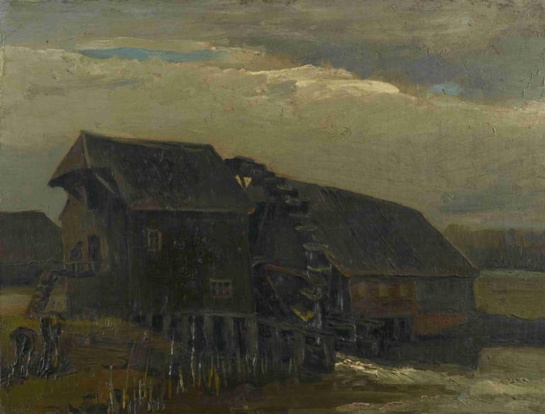 Water Mill At Opwetten,奥普韦滕水磨坊,Vincent van Gogh,文森特-凡高,油画,油画, 没有人类, 风景, 户外, 云, 房子, 天空, 草, 传统媒体, 多云的天空, 建筑