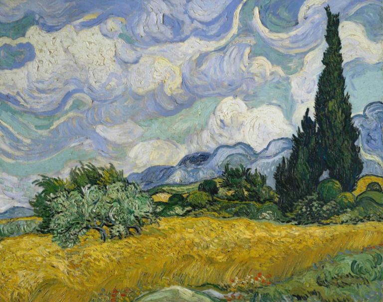 Wheat Field with Cypresses,有柏树的麦田,Vincent van Gogh,文森特-凡高,油画,油画, 云, 户外, 风景, 树, 天空, 没有人类, 草, 多云的天空, 天, 自然