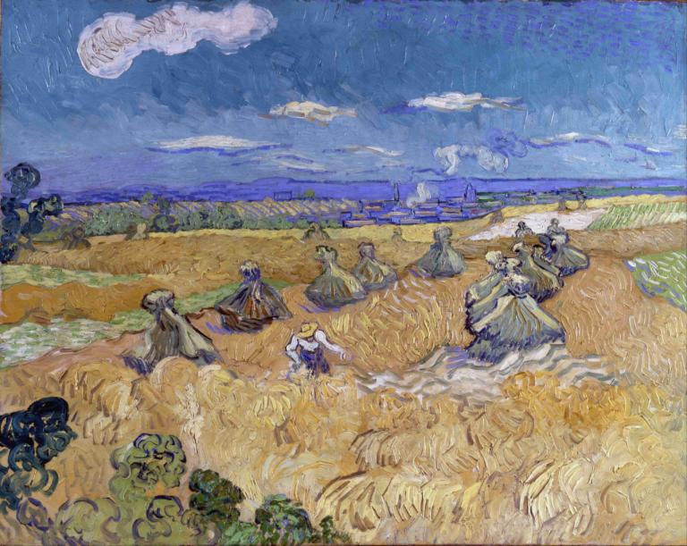 Wheat Fields with Reaper, Auvers,有收割机的麦田，奥维尔,Vincent van Gogh,文森特-凡高,油画,油画, 云, 多个女孩, 月亮, 传统媒体, 户外, 场地, 美术模仿