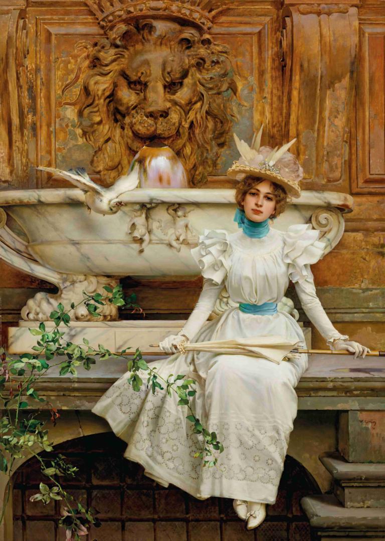 Alla fontana (Le due colombe),噴水にて（二羽の鳩）,Vittorio Matteo Corcos,ヴィットリオ・マッテオ・コルコス,油絵,油絵, 1女の子, ドレス, 白いドレス, 帽子