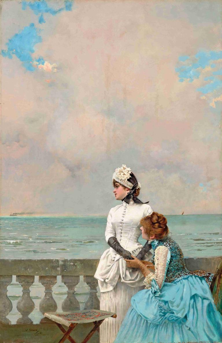 Dis-mois tout,Vittorio Matteo Corcos,Peinture à l'huile,Peinture à l'huile, robe, océan, nuage, cheveux bruns