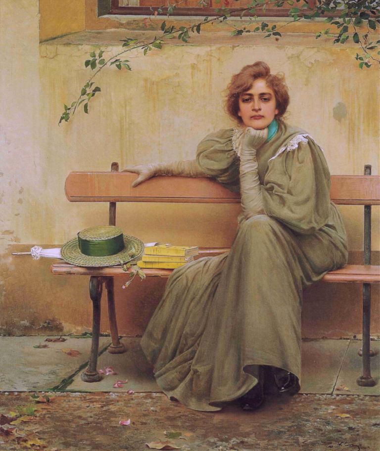 Dreams,夢想,Vittorio Matteo Corcos,維托里奧·馬特奧·科爾科斯,油畫,油畫, 1個女孩, 帽子, 獨奏, 坐著, 棕色的頭髮, 頭飾已移除, 帽子被摘掉, 裙子, 短髮, 長椅, 黑色鞋類