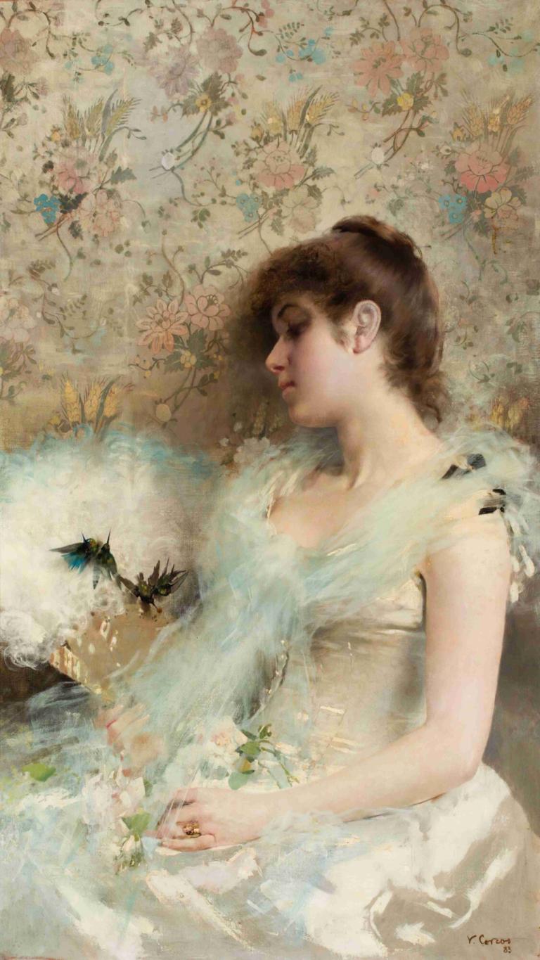 Girl with hummingbirds,Pige med kolibrier,Vittorio Matteo Corcos,Oliemaleri,Oliemaleri, 1 pige, brunt hår