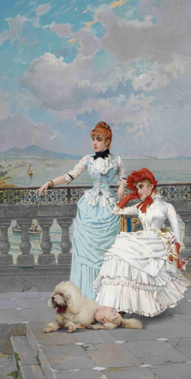 Neapolitan Beauties,那不勒斯美人,Vittorio Matteo Corcos,维托里奥-马特奥-科尔科斯,油画,油画, 多个女孩, 裙子, 2个女孩, 红发, 云, 户外, 天空, 白色礼服, 狗