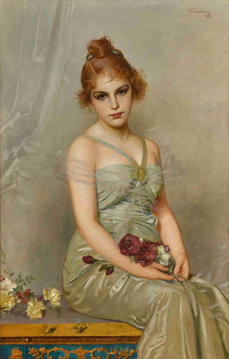 The Bouquet,Vittorio Matteo Corcos,Oil Painting,Oil Painting, 1girl, flower, solo, dress, sitting, breasts