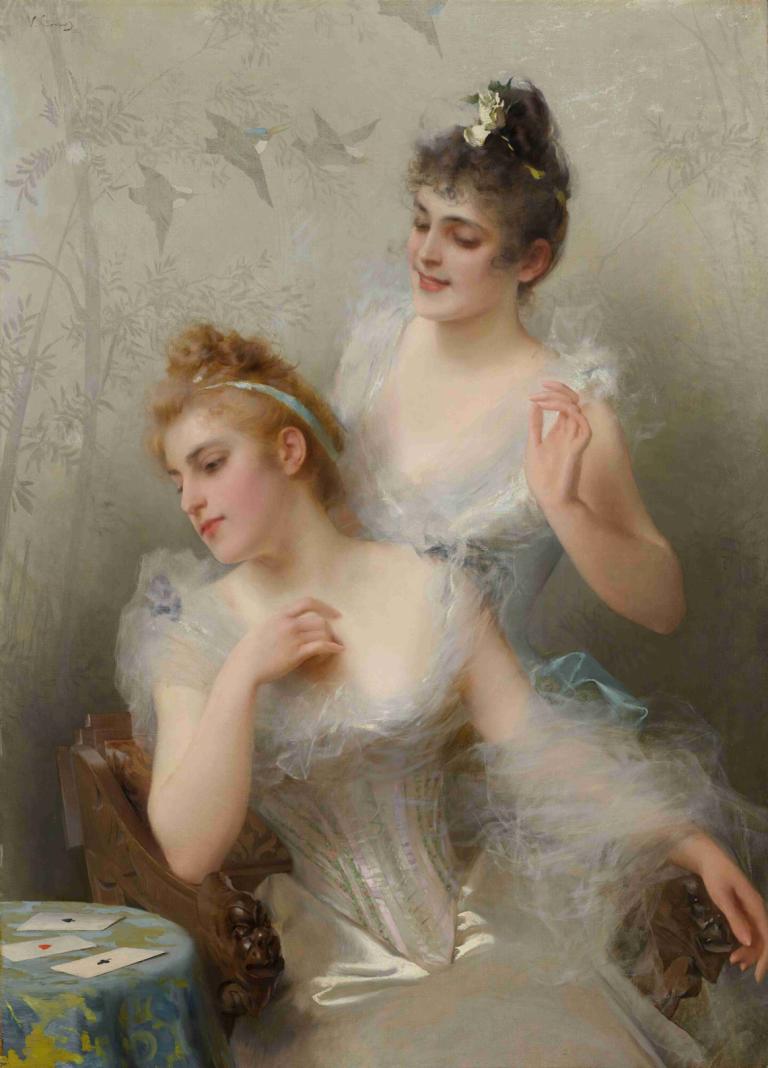 The Three Aces,De tre essene,Vittorio Matteo Corcos,Oljemaleri,Oljemaleri, 2 jenter, flere jenter