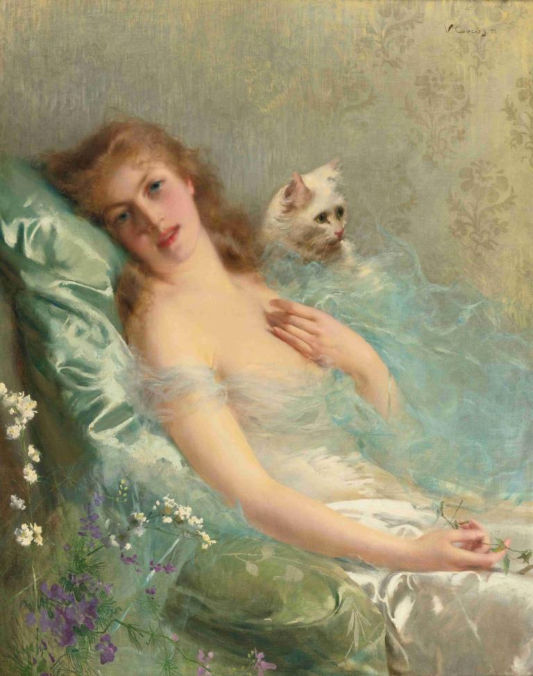 The White Cat,Vittorio Matteo Corcos,Oil Painting,Oil Painting, 1girl, fine art parody, flower, realistic