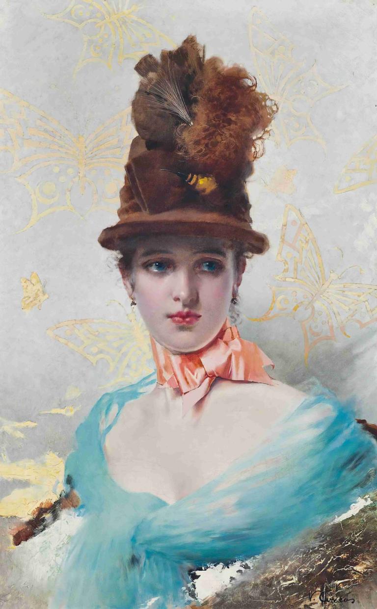 Une Élégante,上埃萊甘特,Vittorio Matteo Corcos,維托里奧·馬特奧·科爾科斯,油畫,油畫, 1個女孩, 獨奏, 藍眼睛, 帽子, 棕色的頭髮, 耳環, 上半身, 珠寶, 裙子, 漏洞