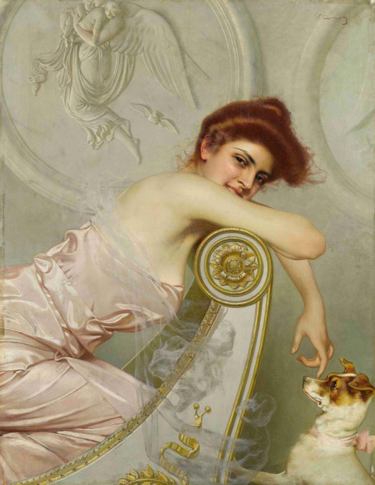 Young lady with puppy,강아지와 젊은 아가씨,Vittorio Matteo Corcos,비토리오 마테오 코르코스,오일 페인팅,오일 페인팅, 미술 패러디, 여자 1명, 현실적인