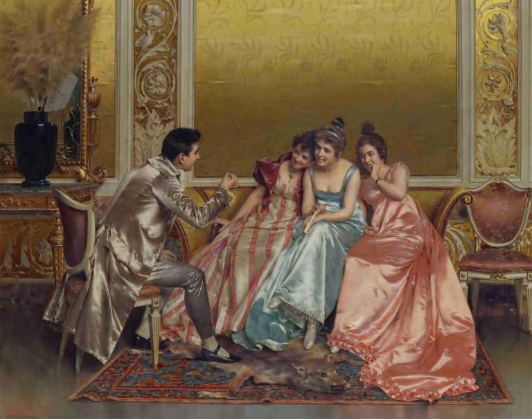 A Captive Audience,Vittorio Reggianini,Oil Painting,Oil Painting, fine art parody, multiple girls, dress