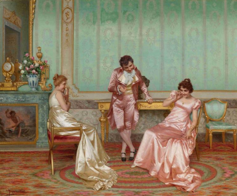 A Humorous Tale,Vittorio Reggianini,Oil Painting,Oil Painting, dress, fine art parody, sitting, pink dress