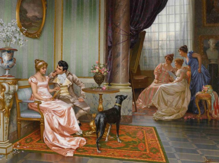 Admiration,Vittorio Reggianini,Oil Painting,Oil Painting, dress, fine art parody, flower, multiple girls