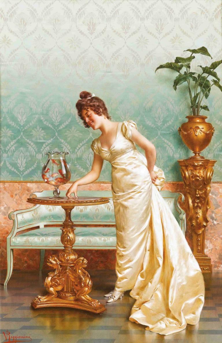 Admiring The Goldfish,金魚を愛でる,Vittorio Reggianini,ヴィットリオ・レジャニーニ,油絵,油絵, 1女の子, ドレス, ソロ, 白いドレス, 茶髪, テーブル, おだんごヘア