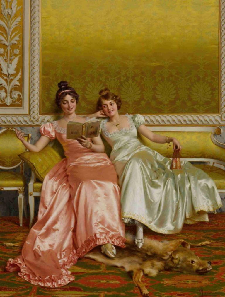 An Amusing Chapter,Vittorio Reggianini,Oil Painting,Oil Painting, fine art parody, 2girls, multiple girls