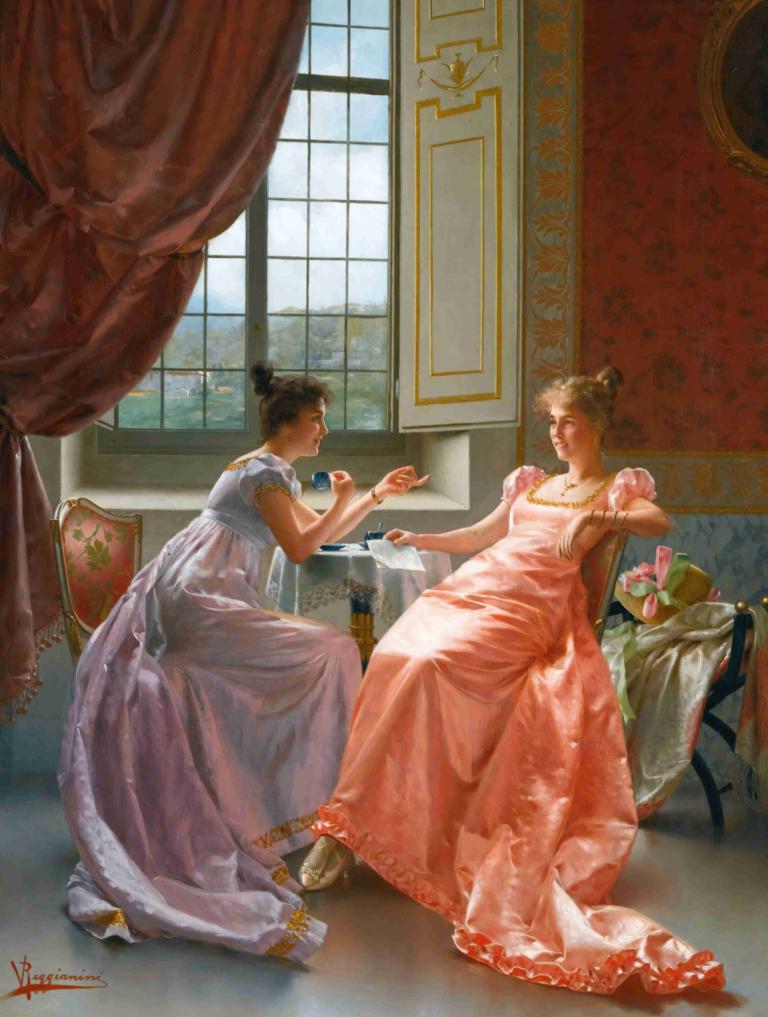 An Amusing Letter,Vittorio Reggianini,Oil Painting,Oil Painting, dress, window, multiple girls, hair bun