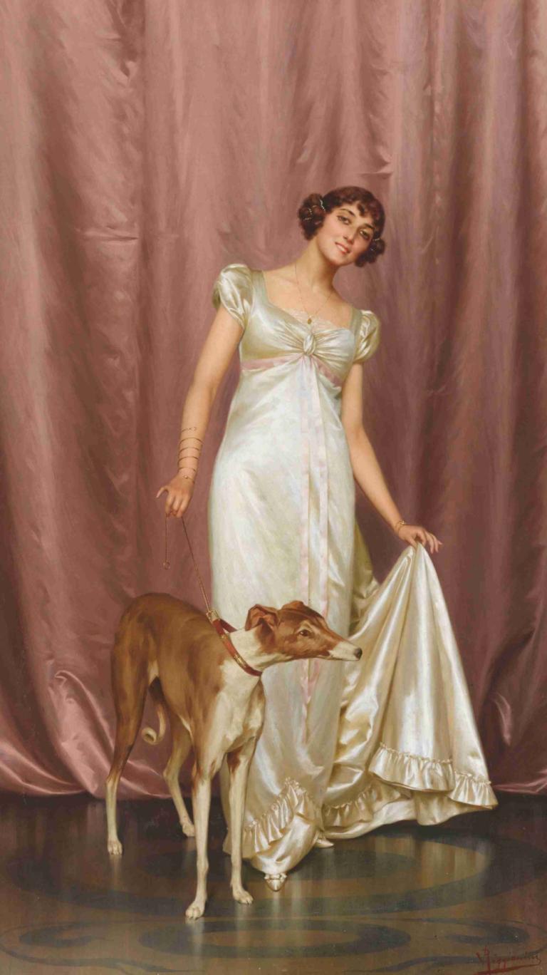 An Elegant Lady,Eine elegante Dame,Vittorio Reggianini,Ölgemälde,Ölgemälde, 1Mädchen, Kleid, weißes Kleid