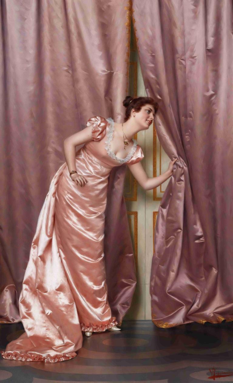 Eavesdropping,Vittorio Reggianini,Oil Painting,Oil Painting, 1girl, dress, jewelry, necklace, solo, realistic