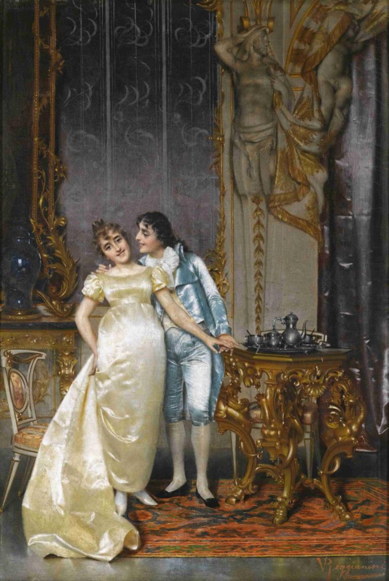 Flirtation,Vittorio Reggianini,Oil Painting,Oil Painting, dress, fine art parody, brown hair, multiple girls