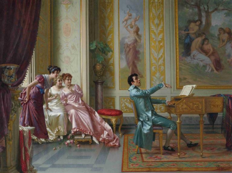 La Romanza Preferita,Vittorio Reggianini,Oil Painting,Oil Painting, fine art parody, dress, painting (object)