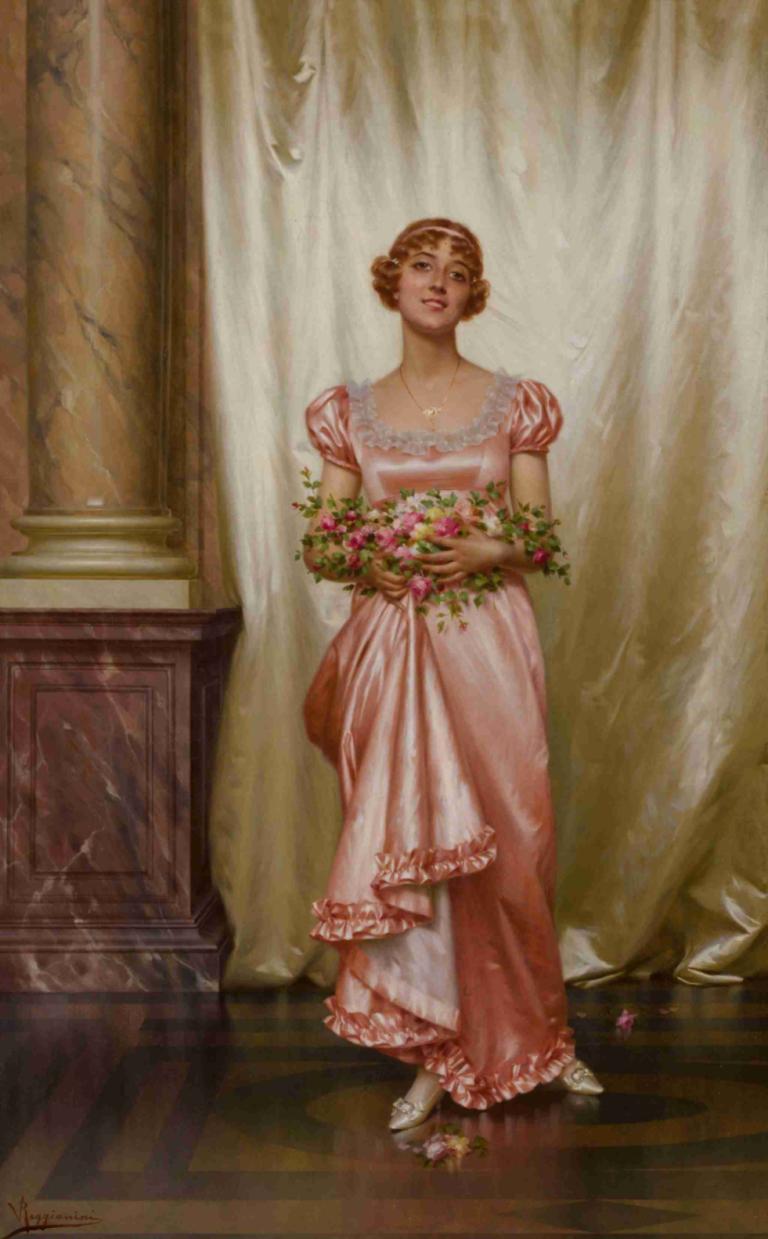 Roses,Vittorio Reggianini,Oil Painting,Oil Painting, 1girl, dress, solo, flower, pink dress, brown hair