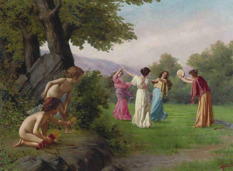 Spying Their Target,Vittorio Reggianini,Oil Painting,Oil Painting, multiple girls, fine art parody, tree