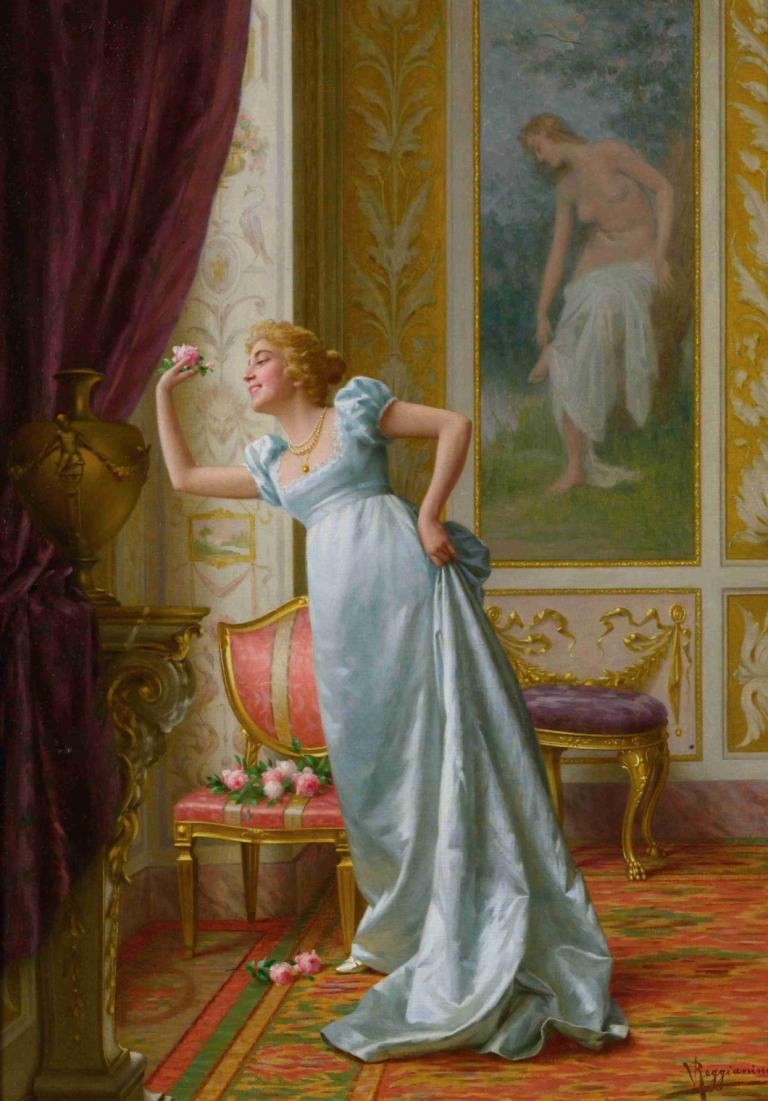 The Attraction,Vittorio Reggianini,Oil Painting,Oil Painting, fine art parody, 1girl, blonde hair, dress