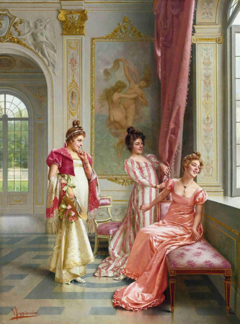 The Coquettes' Adventure,Coquettesin seikkailu,Vittorio Reggianini,Öljymaalaus,Öljymaalaus, pukeutua