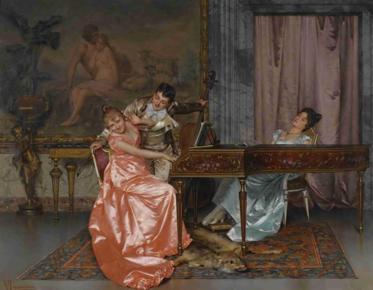 The Recital,Vittorio Reggianini,Oil Painting,Oil Painting, fine art parody, dress, multiple girls, parody