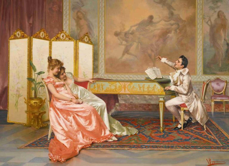 The Recital,Vittorio Reggianini,Oil Painting,Oil Painting, fine art parody, dress, 1girl, 1boy, sitting