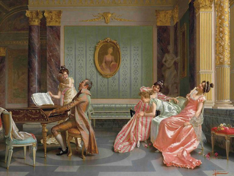 The Recital,Vittorio Reggianini,Oil Painting,Oil Painting, fine art parody, parody, multiple boys, dress