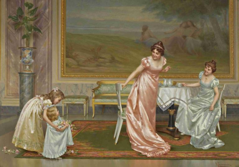 The Tea Party,Vittorio Reggianini,Oil Painting,Oil Painting, fine art parody, multiple girls, dress