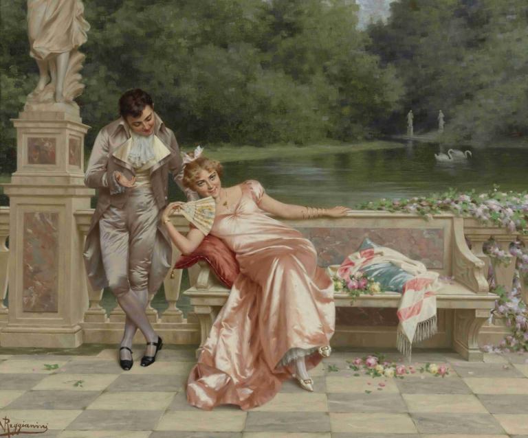 The flirtation,Vittorio Reggianini,Oil Painting,Oil Painting, fine art parody, dress, 1girl, parody, 1boy