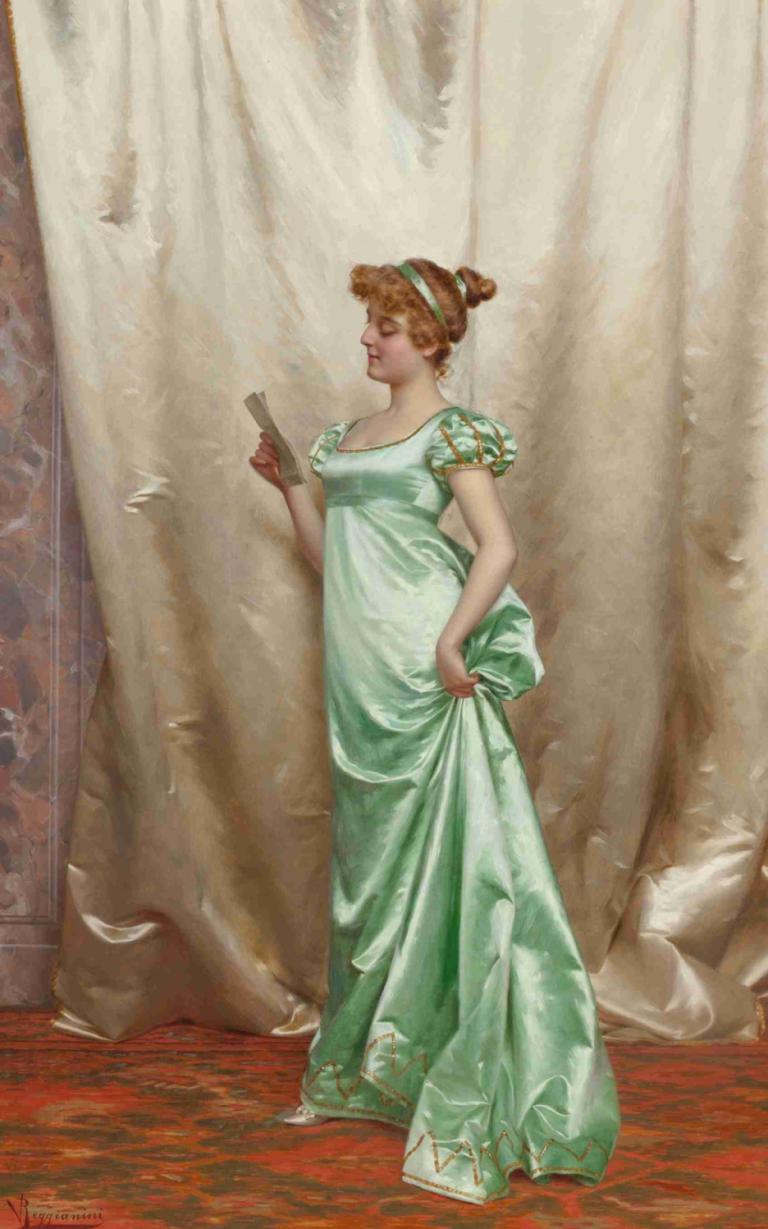 The love letter,Vittorio Reggianini,Oil Painting,Oil Painting, 1girl, solo, dress, hair bun, hairband