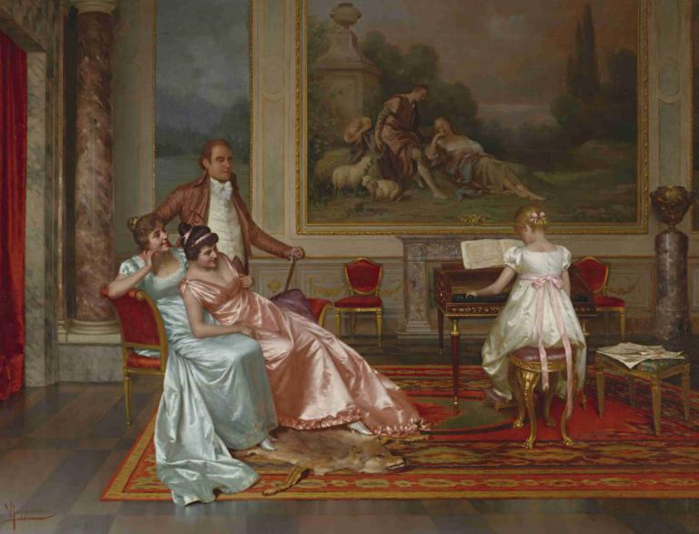 The piano recital,Vittorio Reggianini,Oil Painting,Oil Painting, fine art parody, dress, multiple girls