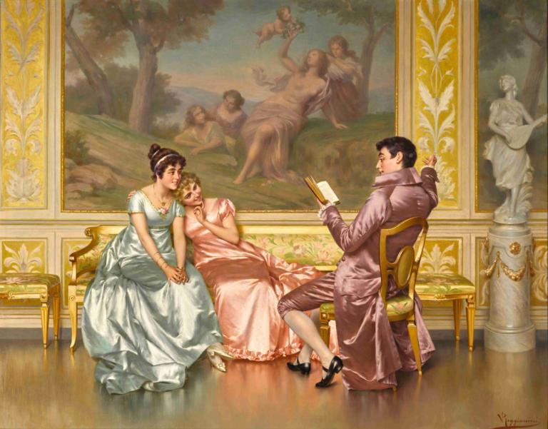 The poetry reading,Vittorio Reggianini,Oil Painting,Oil Painting, fine art parody, dress, parody, sitting