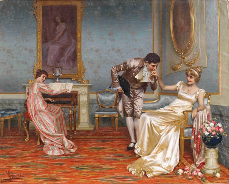 The suitor,Talip,Vittorio Reggianini,Yağlı boya,Yağlı boya, güzel sanatlar parodisi, elbise, çiçek, ayna